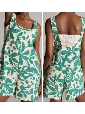 Corey Lynn Calter Green and Cream Tropical Print Sleeveless Romper